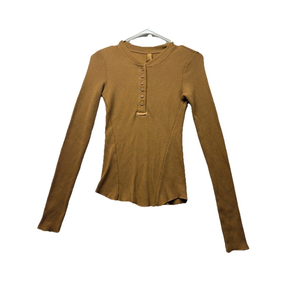 SKIMS Waffle Knit Henley Shirt Top in Camel Women’s Size S Long Sleeve Thermal